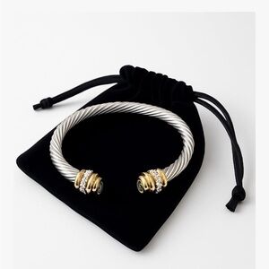 Sculptural Cable Cuff Bracelet — Two-Tone Gold & Silver Crystal Torque Bangle